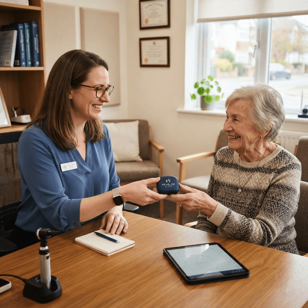 Audiologist handing a hearing aid case to an elderly patient