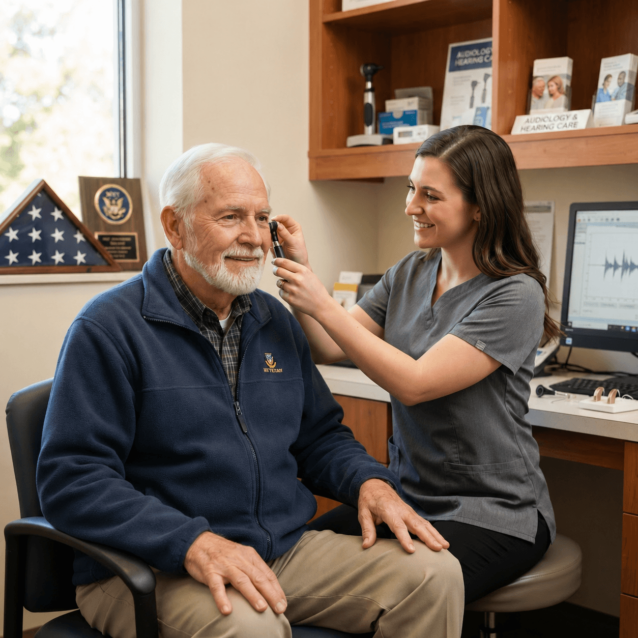 A senior military veteran being fitted with a hearing aid by an audiologist