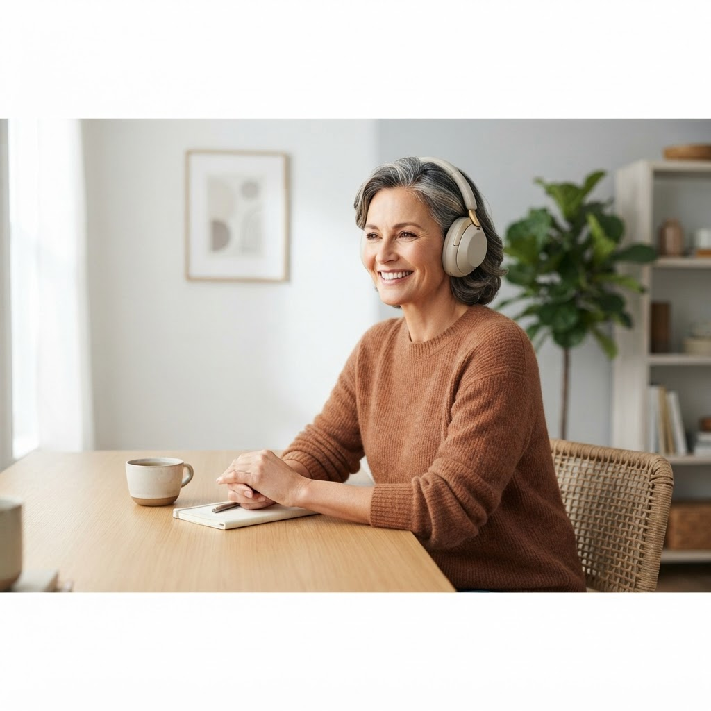 Woman wearing headphones taking an online hearing screening